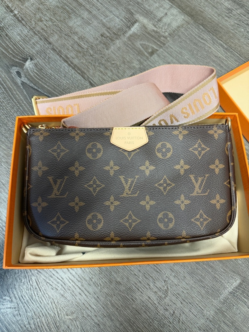Louis Vuitton Brown Monogram Pochette with Pink Webbing Strap